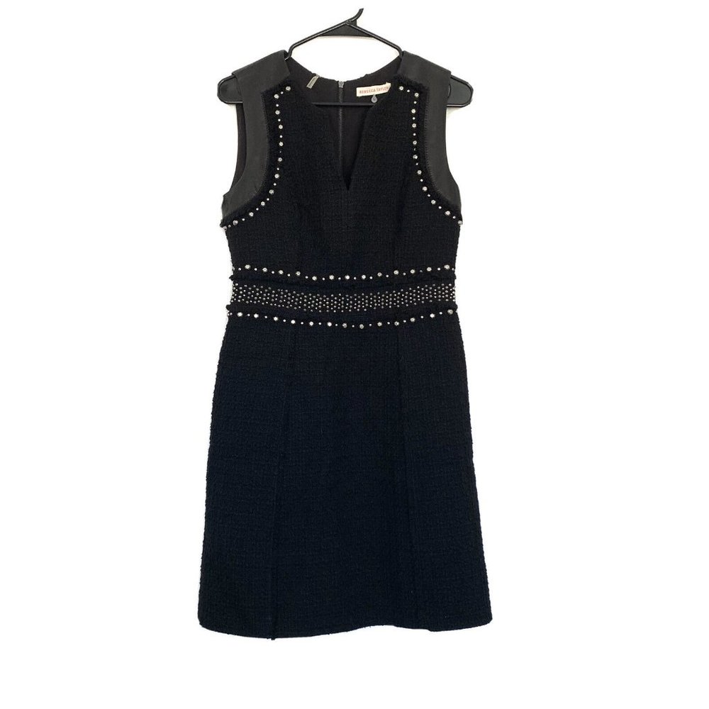 Rebecca Taylor Dress Black Tweed Studded Sleeveless Lamb Leather Fray - Picture 4 of 12